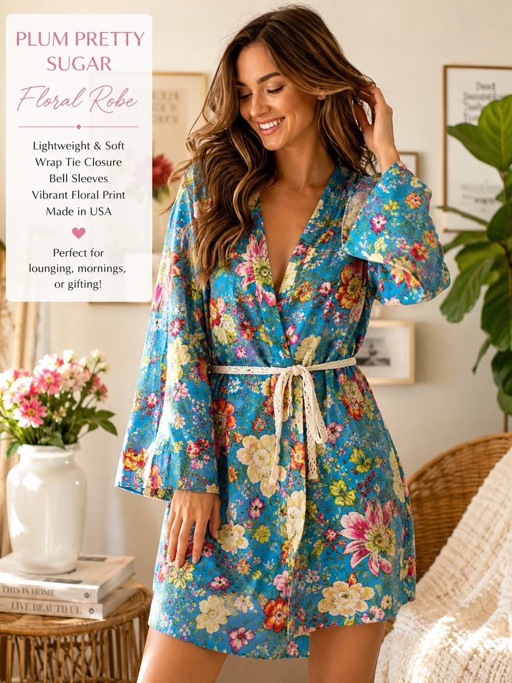 Floral Kimono Robe Loungewear Boho Medium Plum Pretty Sugar 100% Cotton
